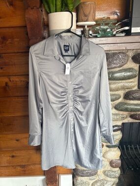 NWT GAP Satin Ruched Mini Shirtdress - Silver/Slate Grey - Womens Size Small